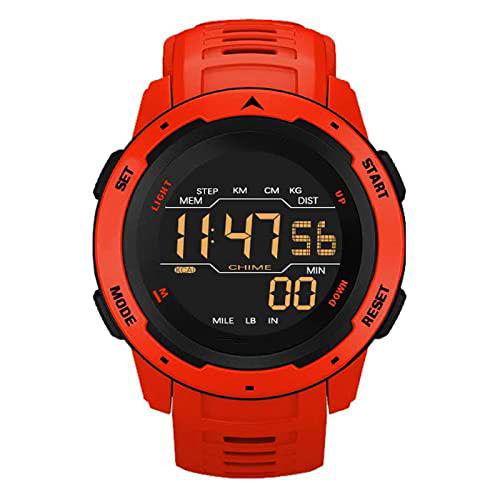 Reloj digital para hombres Reloj de exterior resistente con podómetro Relojes deportivos despertador doble tiempo impermeable 50M, rojo