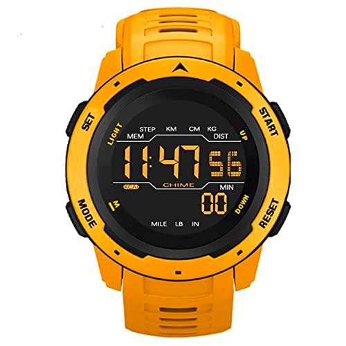 Reloj digital para hombres Reloj de exterior resistente con podómetro Relojes deportivos despertador doble tiempo impermeable 50M, amarillo